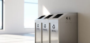 En minimalistisk återvinningsstation på ett modernt kontor med återvinningsbehållare för papper, plast och metall.