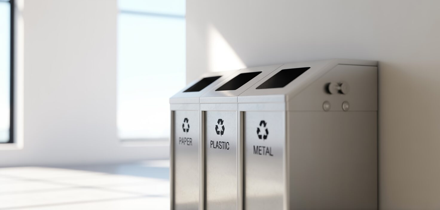 En minimalistisk återvinningsstation på ett modernt kontor med återvinningsbehållare för papper, plast och metall.