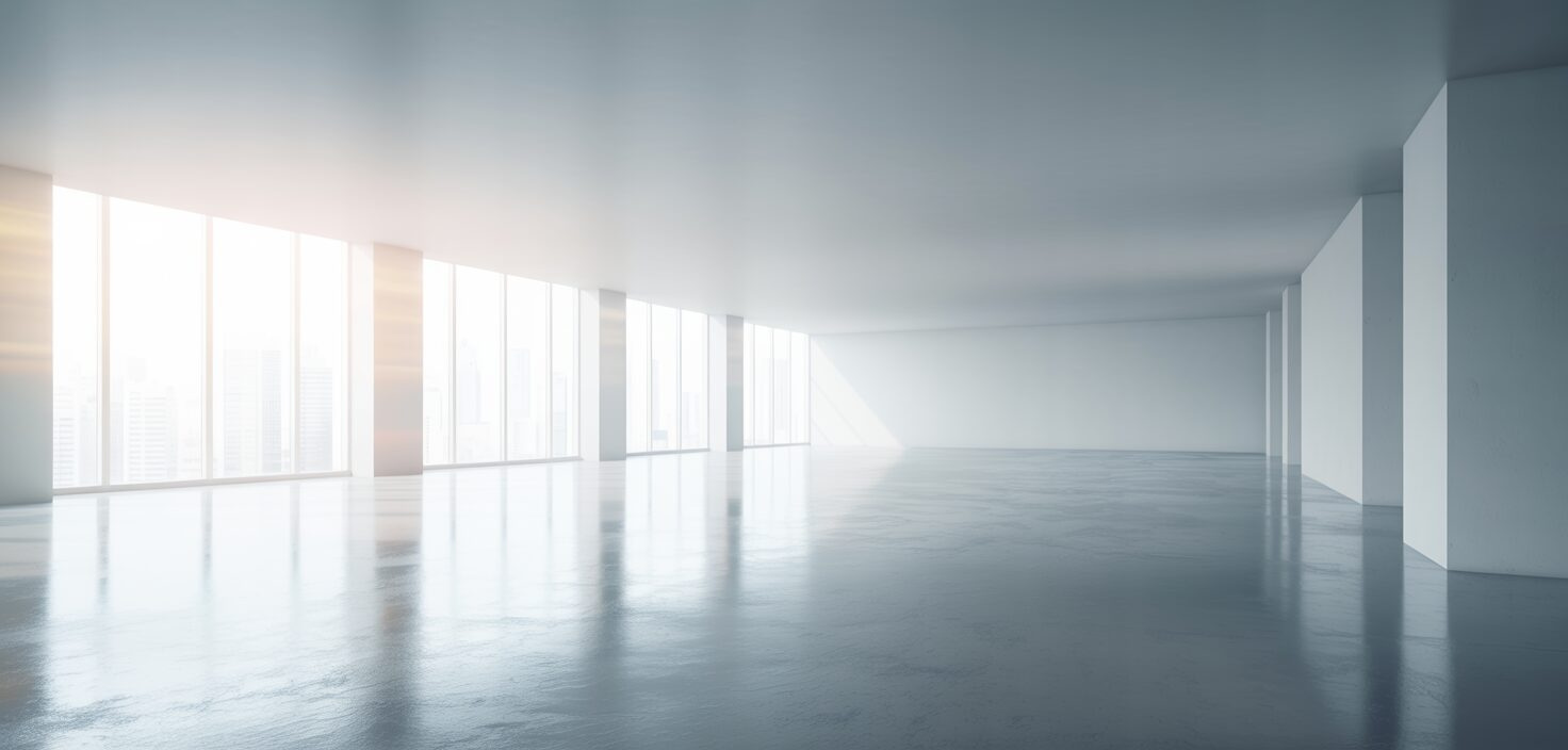 En minimalistisk bild av en tom kontorsyta med rena linjer och naturligt ljus, som representerar ett rent kontor.