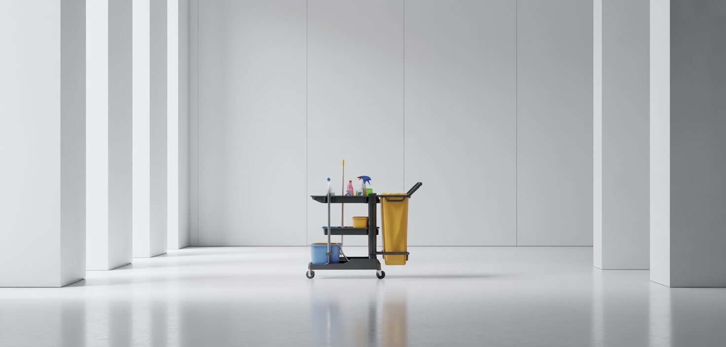 Rent kontor med städutrustning, minimalistisk design, svensk stil.