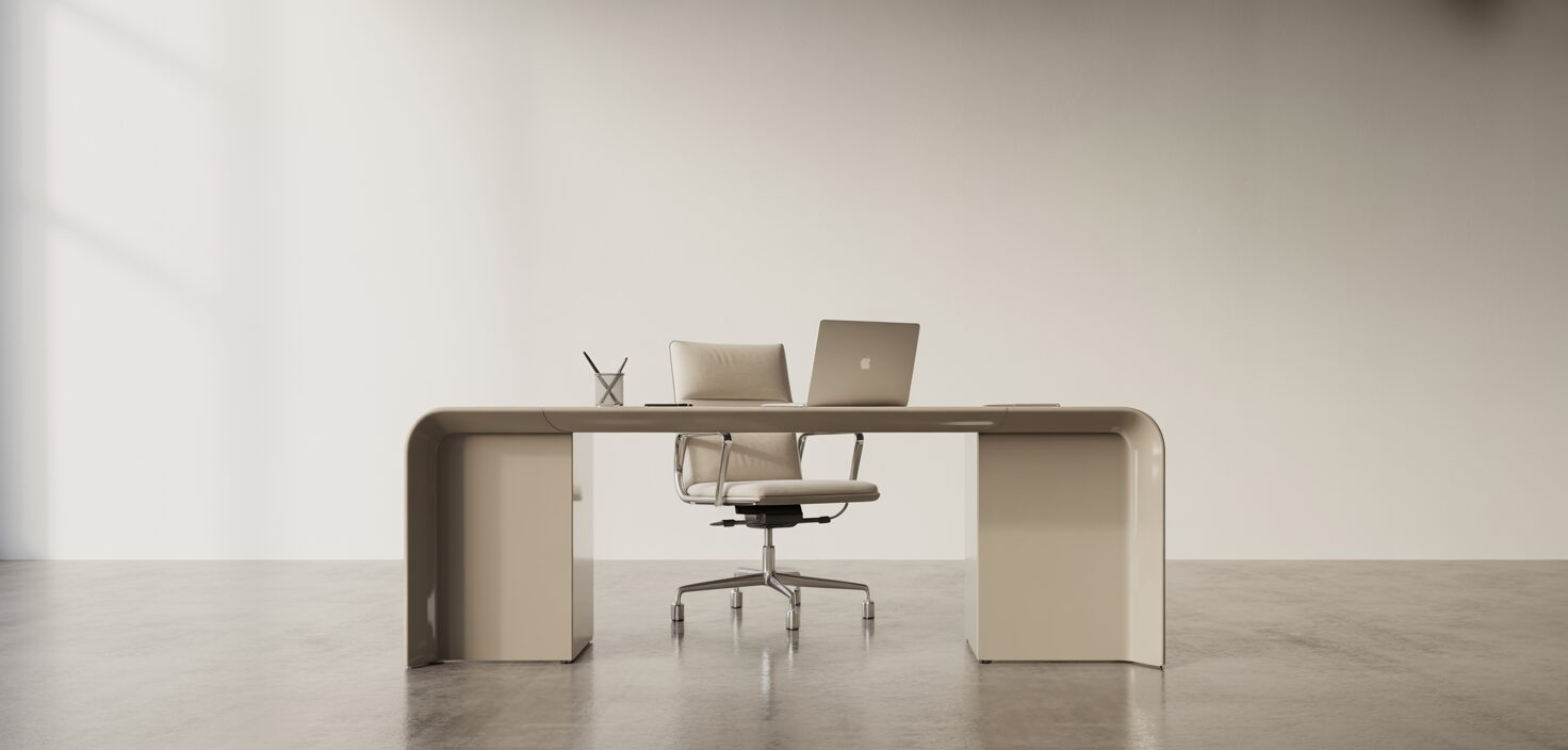 Rent kontor med minimalistisk inredning, professionell städning.