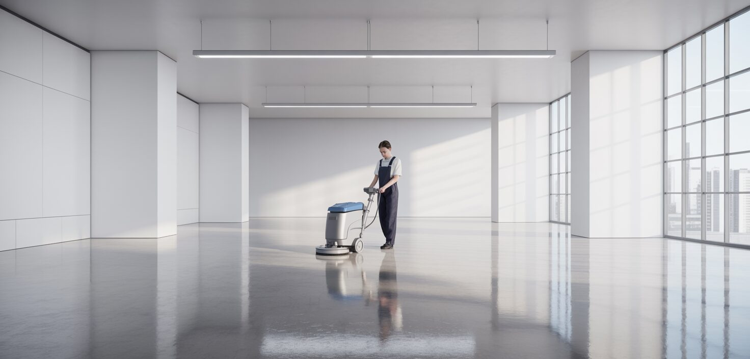 Ett rent och minimalistiskt kontor med en person som städar med professionell utrustning.