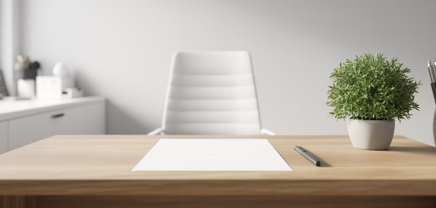 Rent skrivbord med papper, en penna och en växt, med fokus på minimalistisk design.
